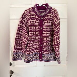 Vtg LL Bean Forest Berry Ivory Blue Fair Isle Wool Blend Cardigan Sweater M USA
